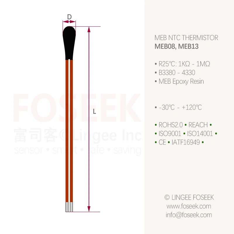 Sensor de temperatura del termistor NTC de resina epoxi Lingee MEB08 de 0,80 mm