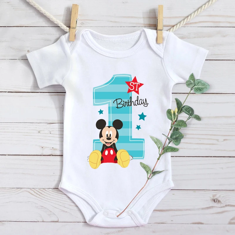 

It's My 1st Birthday Mickey Minnie Mouse Print Baby Bodysuits Cotton Short Sleeve Infant Birthday Party Rompers Toddler Clothes