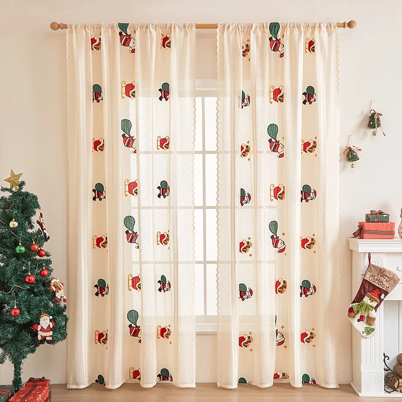 Father Christmas Curtains Bedroom Christmas Decoration Semi-Blackout Curtains Lace Wear Rod Embroideries Curtains Home Decor 커튼