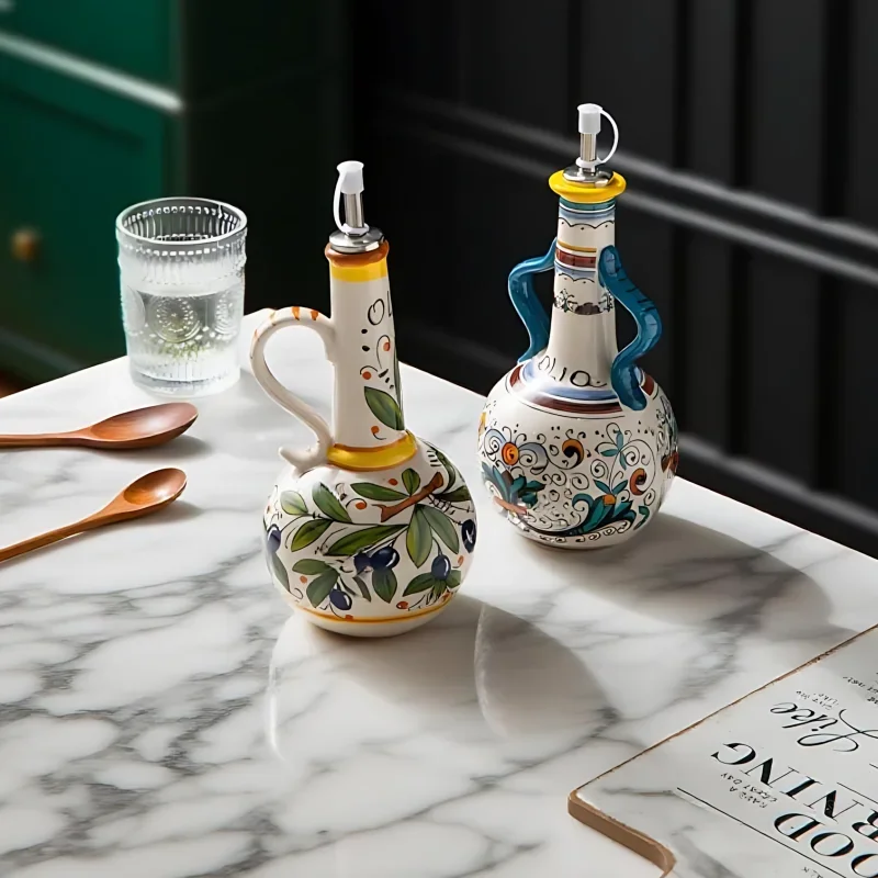 Olive Oil Dispenser Underglaze Embossed Ceramic Oil Vinegar Can Kitchen Accessories Storage Dispenser Container Bottle