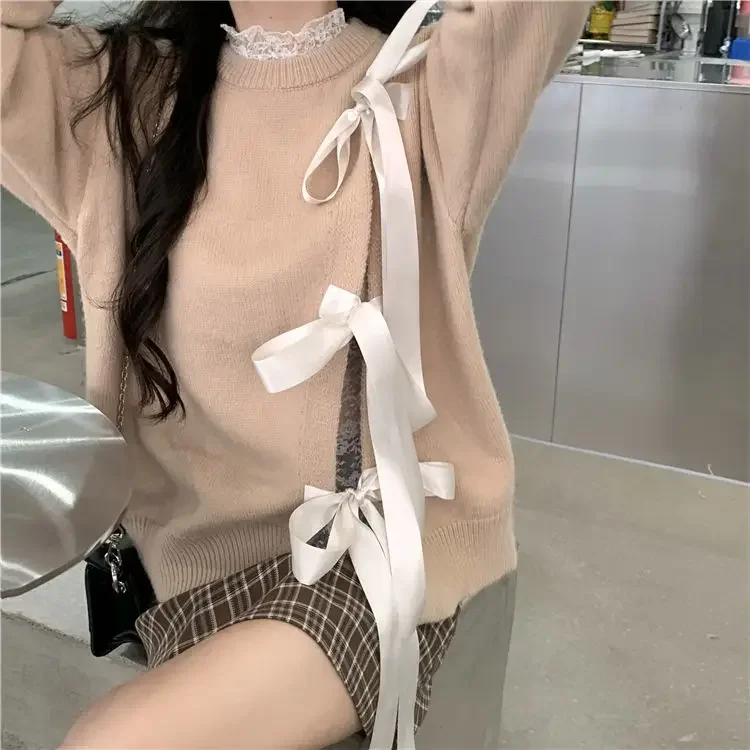 Women Hoody 2021 New Spring Autumn Korean Ladylike Cotton Sweet Full Solid Knit Pullovers O-Neck Bow Small Fresh Girls Top