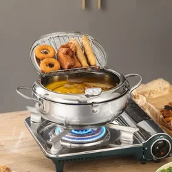 Japanese Deep Frying Pot with Thermometer and Lid 304 Stainless Steel Kitchen Tempura Fryer Pan 20 24 cm