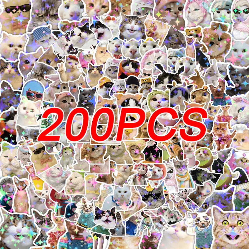 10/30/50/100/200pcs Funny Cute Cat Meme Laser Stickers Cartoon Creative Decals Skateboard Phone Helmet Bike Sticker Decoration