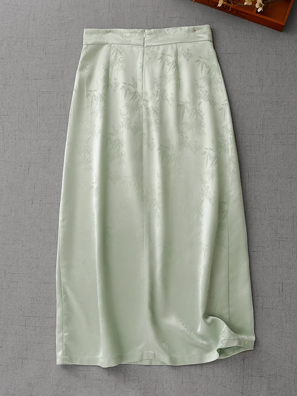 กระโปรงสไตล์จีนใหม่ ผ้าอะซิเตทลายปักไม้ไผ่ ไซส์ใหญ่สำหรับผู้หญิง กระดุมพู่ห้อย เอวสูง สไตล์จีนดั้งเดิม