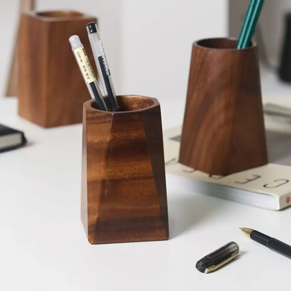 

Vintage Walnut Wood Pen Holder Minimalist Makeup Brush Holder Storage Pencil Box Portable Multifunctional Table Organizer Pot