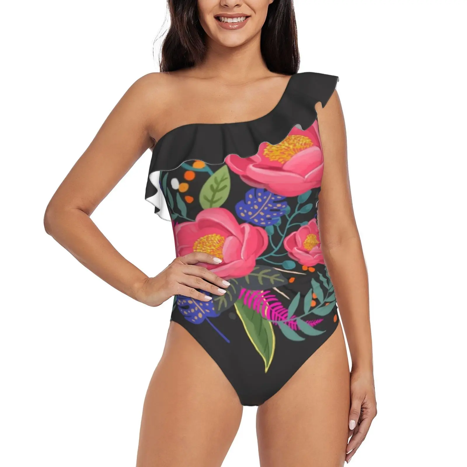 

Night Blossom Art Print One Piece Swimsuit Women Ruffle Monokini Shoulder Swimsuit Bathing Suit Swim Wear Flower Floral Blossom
