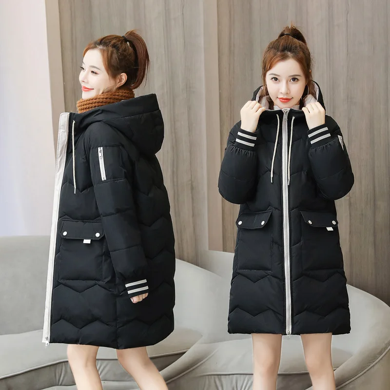 Parkas Jacket Women Warm Thick Long Sleeve Hooded Casual Zipper Jackets Pocket Solid Straight Midi Length Coats Autumn Winter
