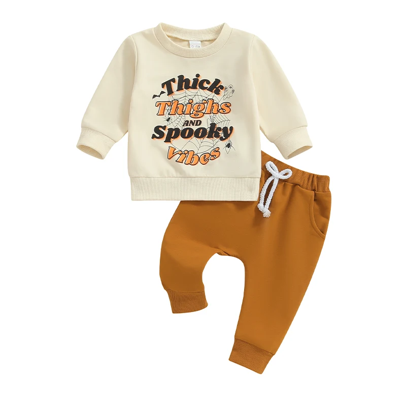 

Baby Boys Pants Set Long Sleeve Crew Neck Letters Cobweb Print Sweatshirt with Elastic Waist Sweatpants Halloween Clothes