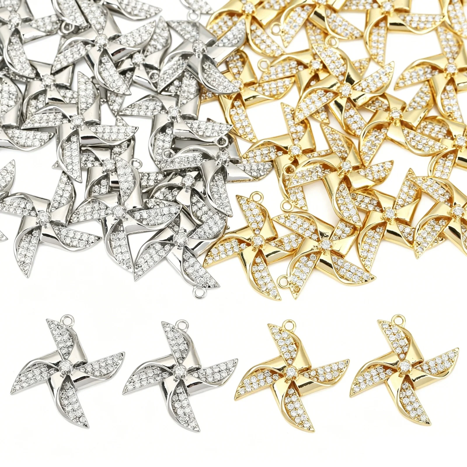 2pcs Brass Charms Gold Plated Windmill Micro Pave Clear Cubic Zirconia Pendants DIY Necklace Bracelet Jewelry Findings 24mmx24mm