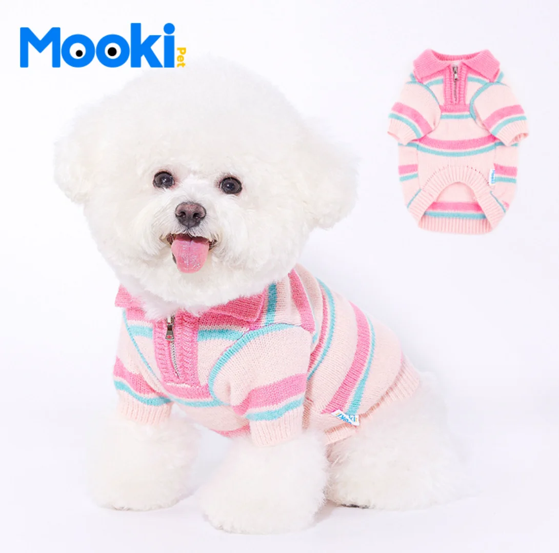 MOOKIPET striped polo zipper sweater Pet puppy Clothing small and medium-sized dog cat Autumn and winter warm clothes Chihuahu