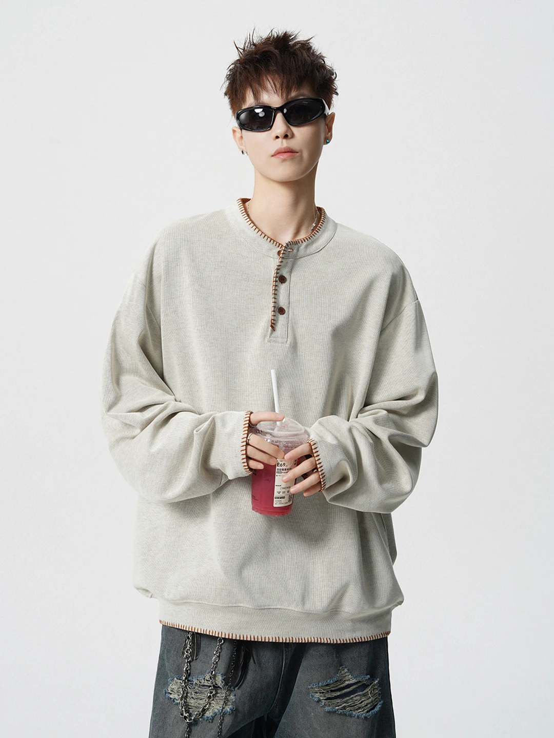 

Hand-Sewn Knitted Men's Hoodie Long Sve Henry Collar Loose Fit Casual Sle Polyester Fiber Autumn Wear Comfortable T-irt