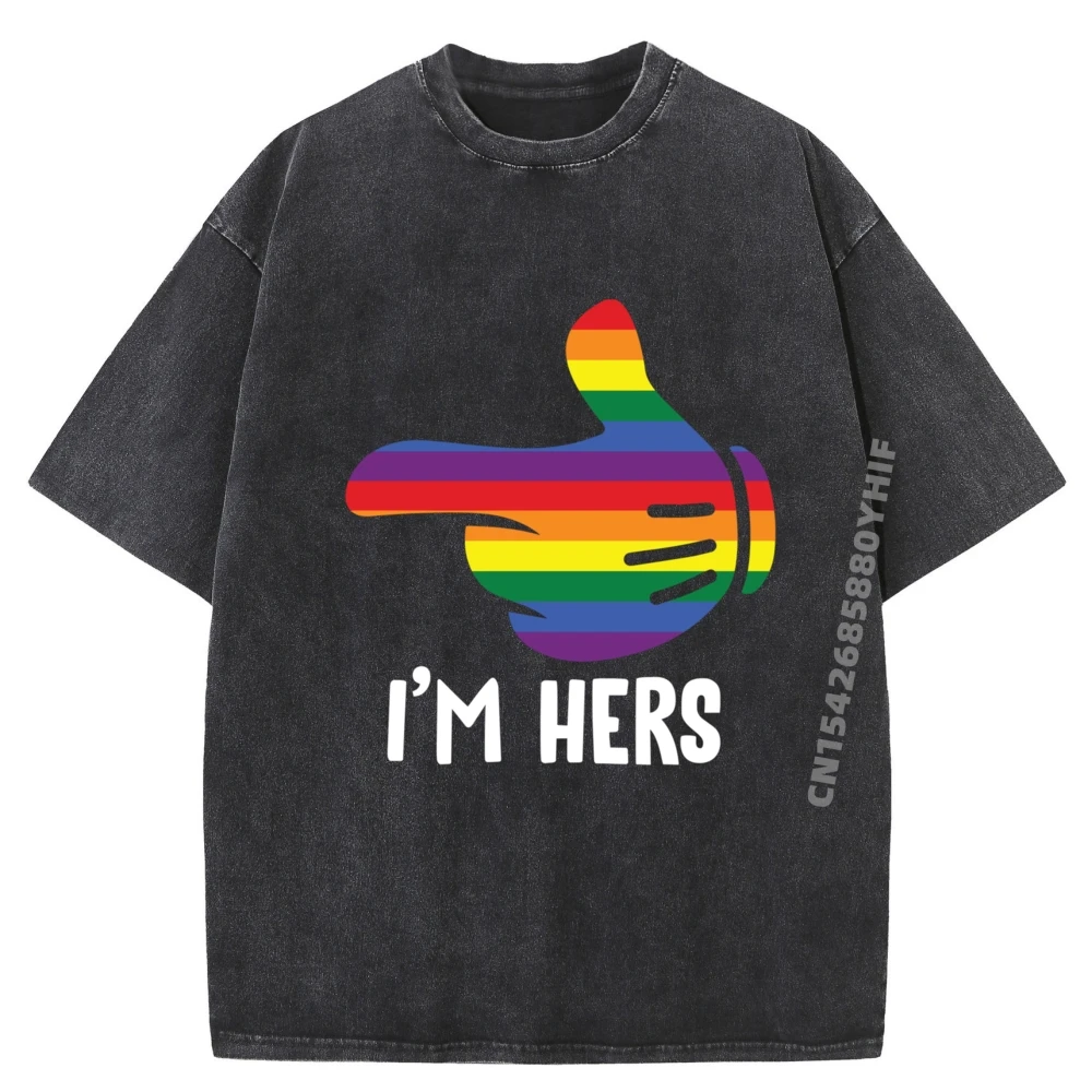 

Loose Man Tops & Tees I im Hers Rainbow Lesbian Family Men Graphic T-shirt 100% Cotton Washed Short Sleeve Print Tees