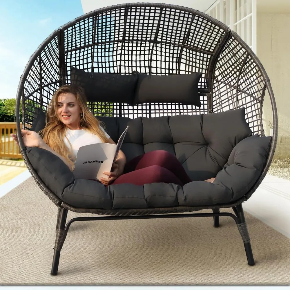 

Double Egg Chair Indoor Outdoor 680lbs, 2 Person Grey Wicker Oversized Stationary Egg Chair with Dark Grey Thick Cushion, Patio
