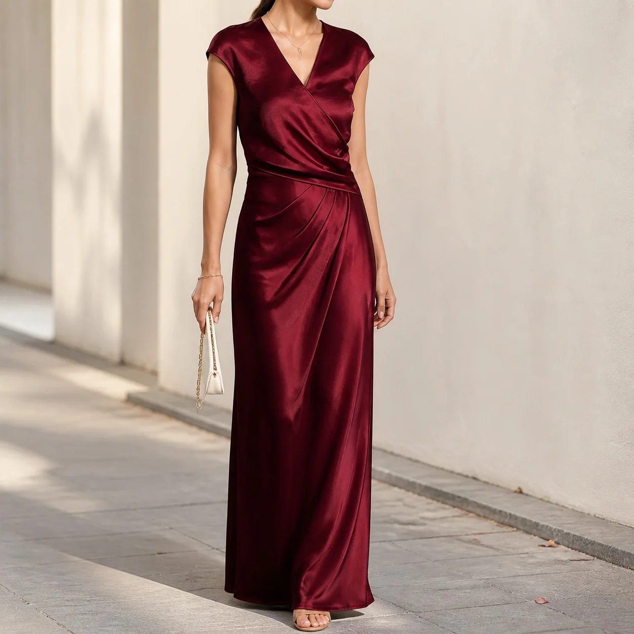 Ruched V Neck Dress Mid Waist Socialite Style with a Line Skirt Zipper Closure Cap Sleeve Party Dress Beach Spring for Women