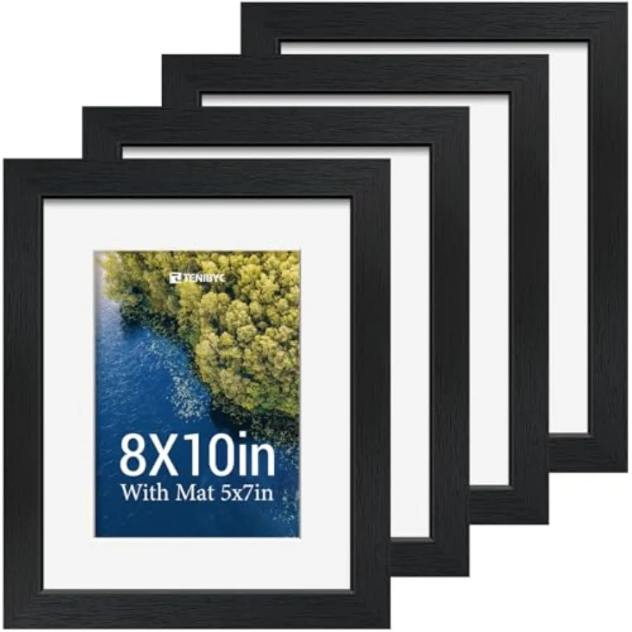 

Picture Frame Set -, Wood Photo Frames - Tempered Glass - Displays Photos with Mat or 8 x 10 without - Room, Office, Gallery, S
