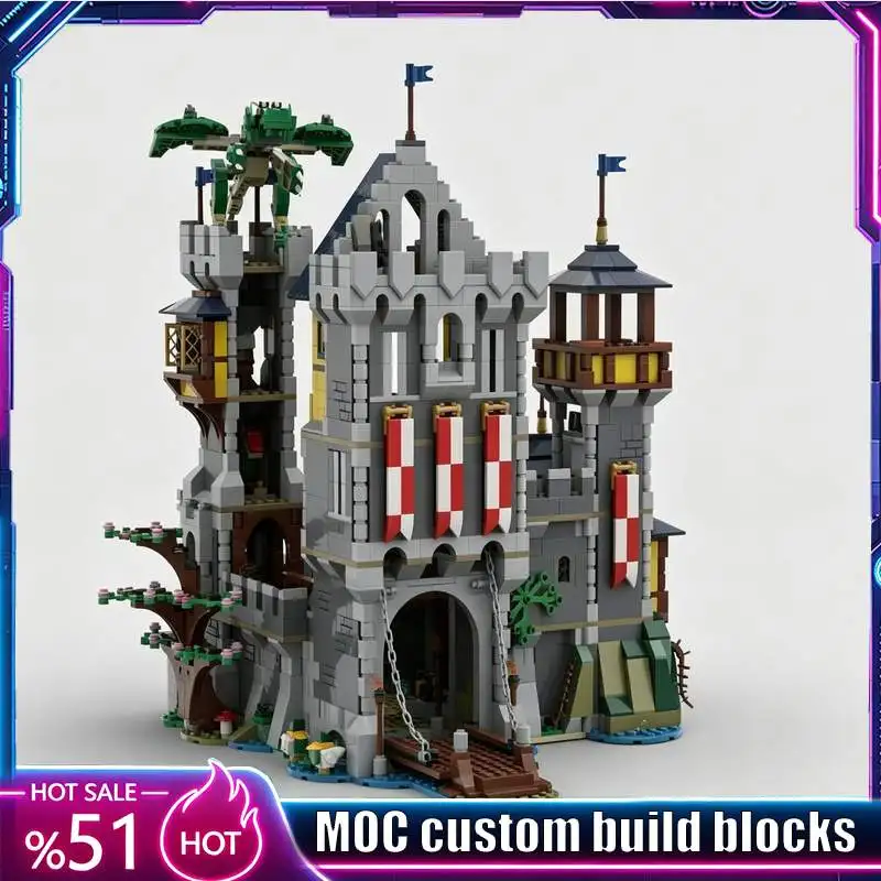 2468PCS Medieval Architecture Blue Knights Castle Model Custom Building Blocks DIY Educational Assembly Birthday Christmas Gift