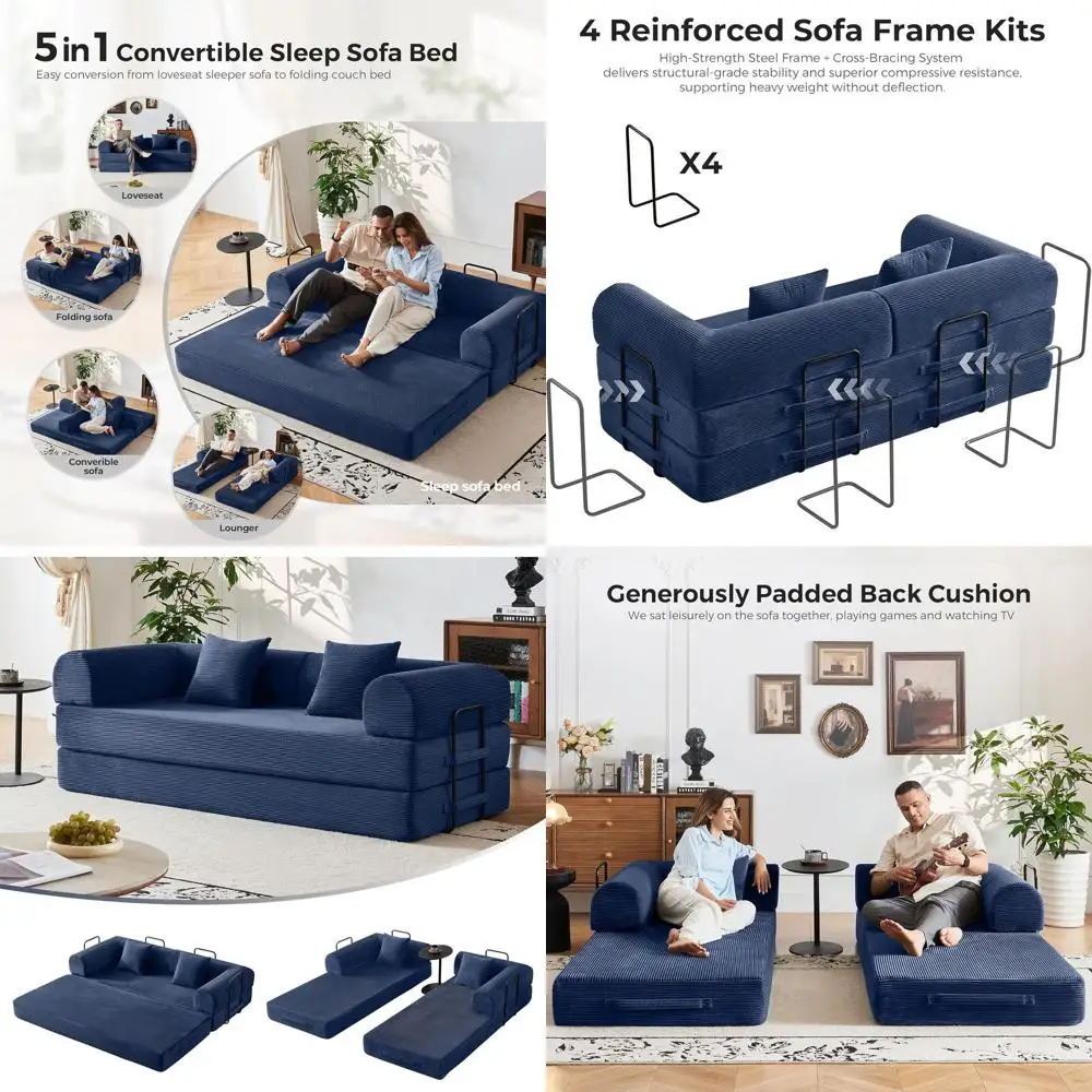 أريكة سرير قابلة للتحويل 79 5 في 1 باللون الأزرق الداكن مع إطار ثابت، بدون تجميع، غطاء سروال قصير ورغوة عالية المرونة للمساحة المدمجة #1