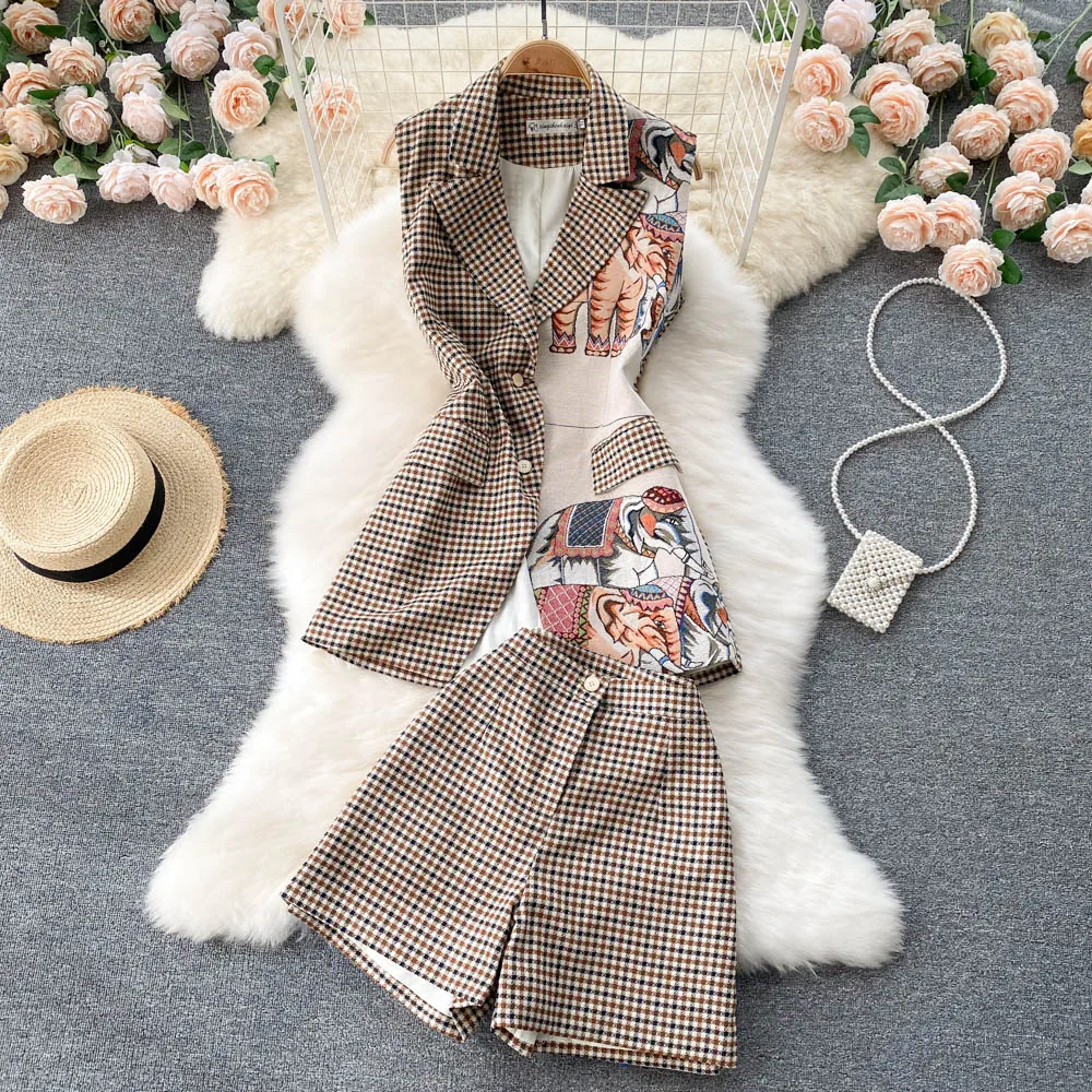 New Fashion Women\'s Plaid Blazer Suit Sleeveless Notched Collar Vest Jacket Wide Leg Shorts Pant Two-piece Sets