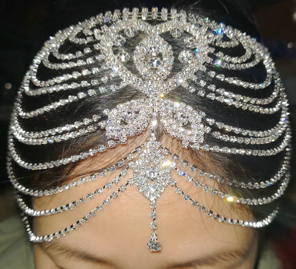 Luxury Rhinestone Belly Dance Show Tiara Forehead Chain Full of Diamonds Long Tassel Rhinestone Headband Performance Accessories