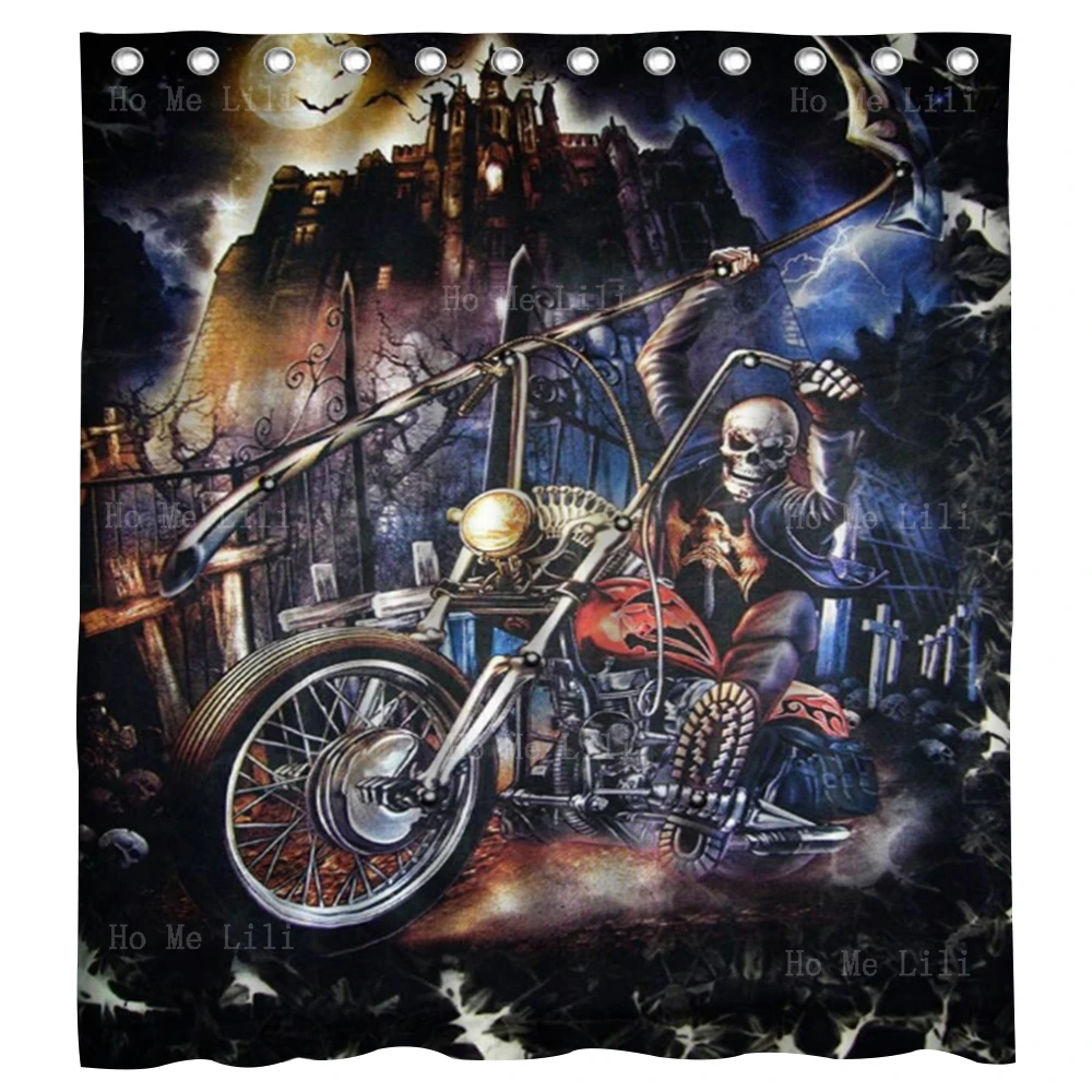 A Skeleton On A Motorbike Outside The Castle On Halloween Horror Night Bathroom Decorate Set With 12 Hooks