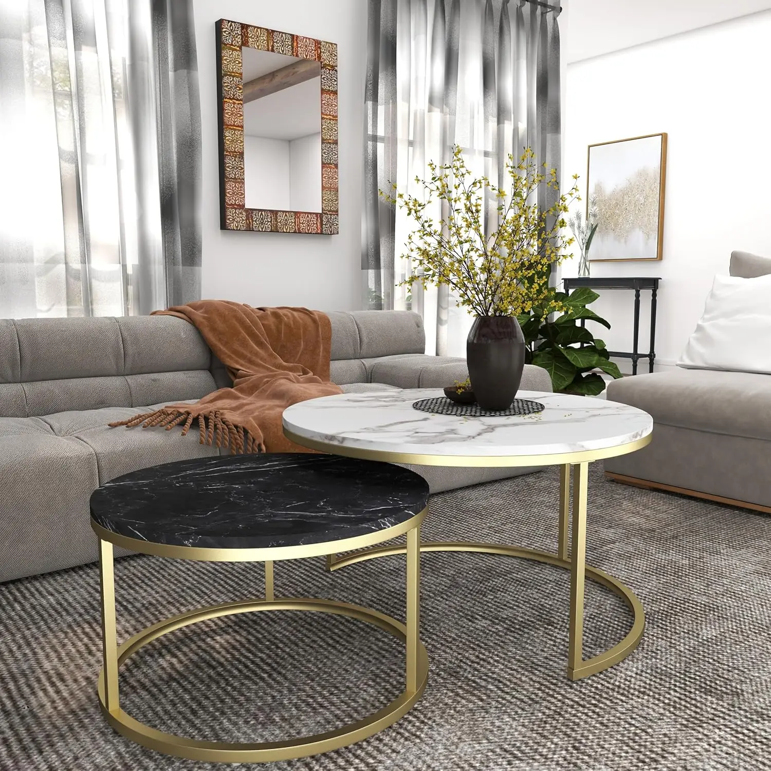 

31.5" Round Nesting Coffee Table Set 2 Faux Marble Wood Top Metal Frame Side Table Living Room Bedroom Balcony, Customized
