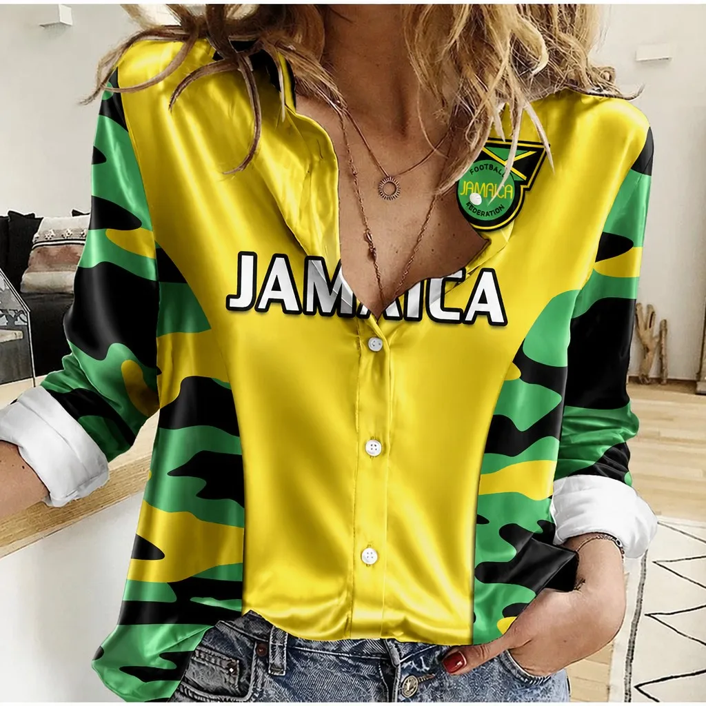 Hot Selling Autumn Jamaican Print Women's Button-Down Elegant Top; Women's Satin Long-Sleeve Blouse with a Luxurious Feel