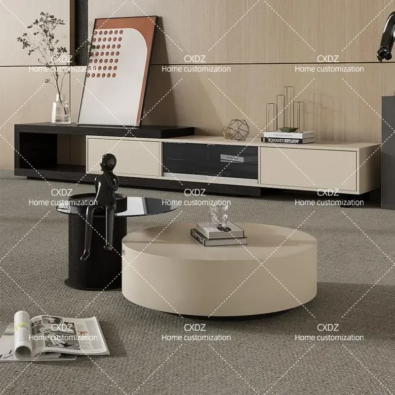 Modern Simple Khaki Round Coffee Table with TV Cabinet Combination Tempered Glass Edge Retractable Design Floor Storage Unit