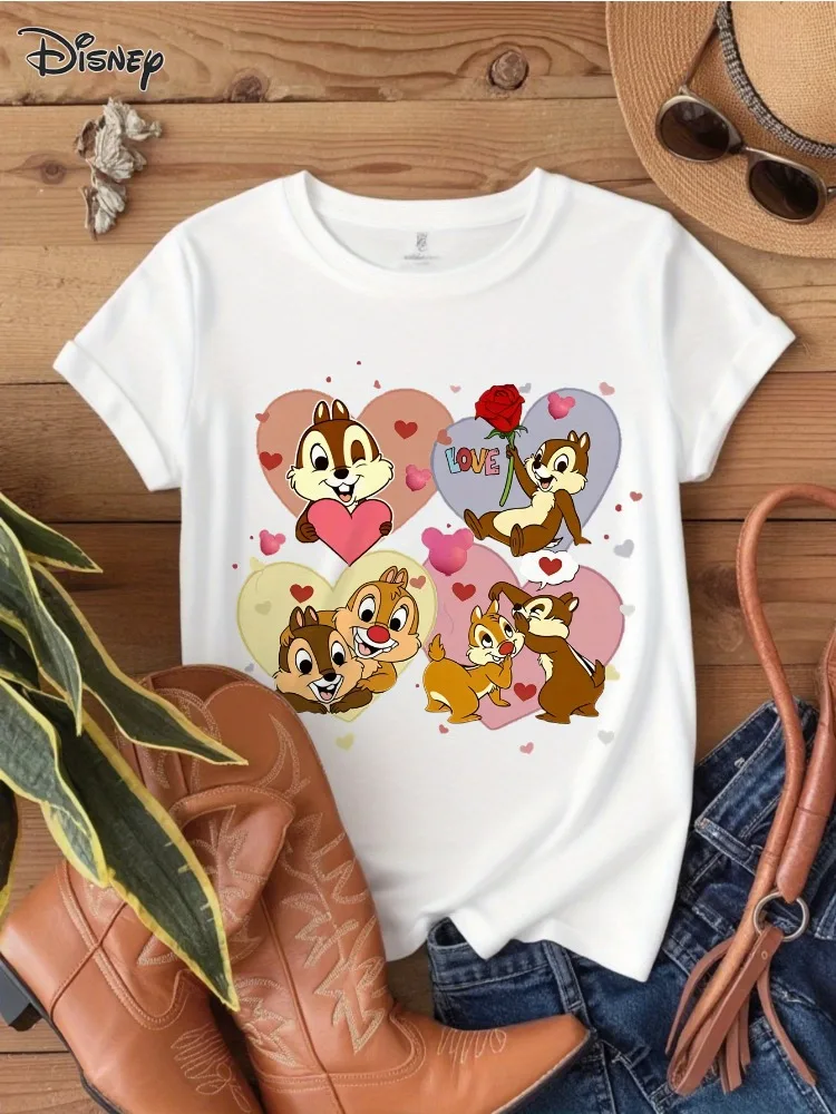 女性ディズニーチップとデールヴィンテージプリントTシャツソフトで通気性のあるコットンシャツハート型リスデザインコットン半袖