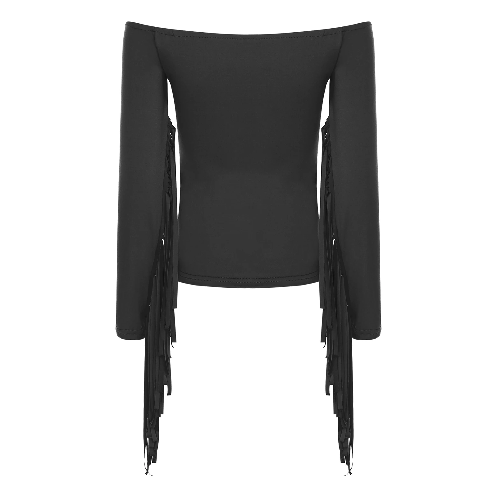 Womens Western Cowgirl Fringe T-shirt Off The Shoulder Long Sleeve with Tassel Slim Crop Top Blouse for Both Casual And Party