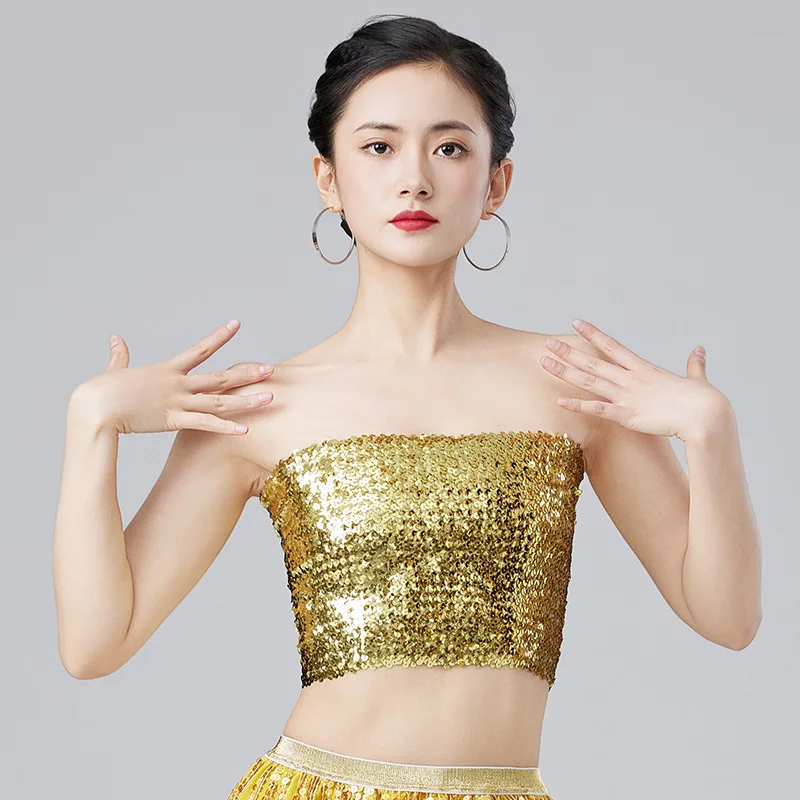 Sexy Gouden Pailletten Strapless Chic Crop Top Vrouwen Glanzende Stretch Party Clubwear Pailletten Tube Top Bandeau Tank Top Danskostuums