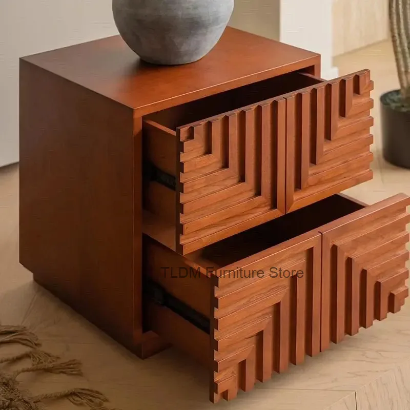 Panel, Geometric Carved Wooden Nightstand, Mid-Century End Table with L-Shaped Wood Bedside Cabinet for Living Room & Bedroom