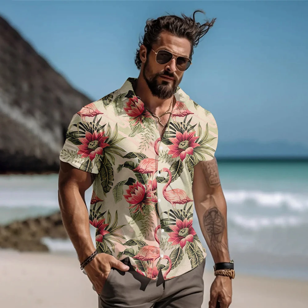 Men's Summer Lapel Flamingo Print Short-sleeved Shirt Men's Casual Beach Shirt Loose Tops Trendy Fashion Lightweight Printed Top