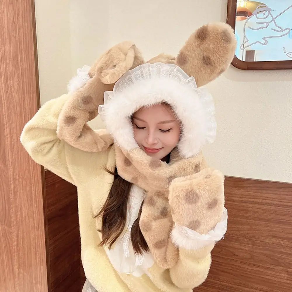 New Plush Plush Hat Warm Three-piece Set Versatile Hat Rabbit Ears Windproof Winter Scarf Winter