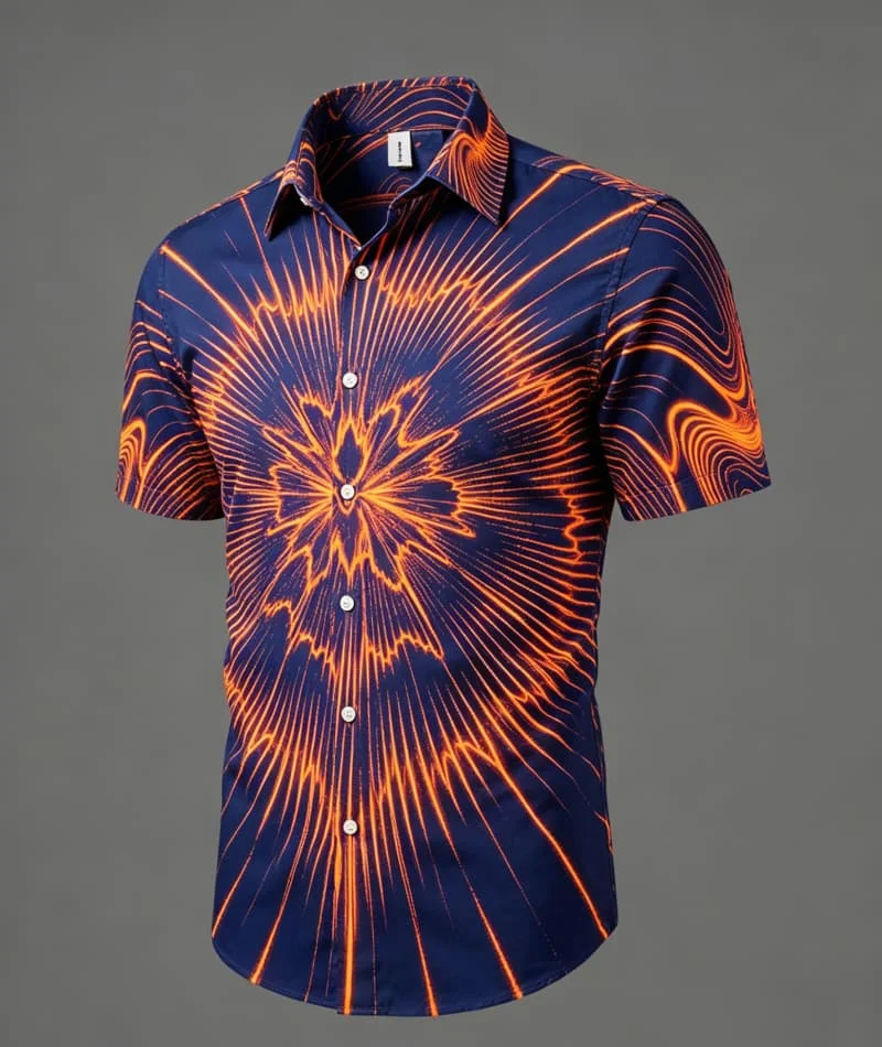 Men's Shirt Navy Orange Radial Line Print Turn-down Collar Short Sleeve Button Up Stylish Daily Party Summer Mens Clothes