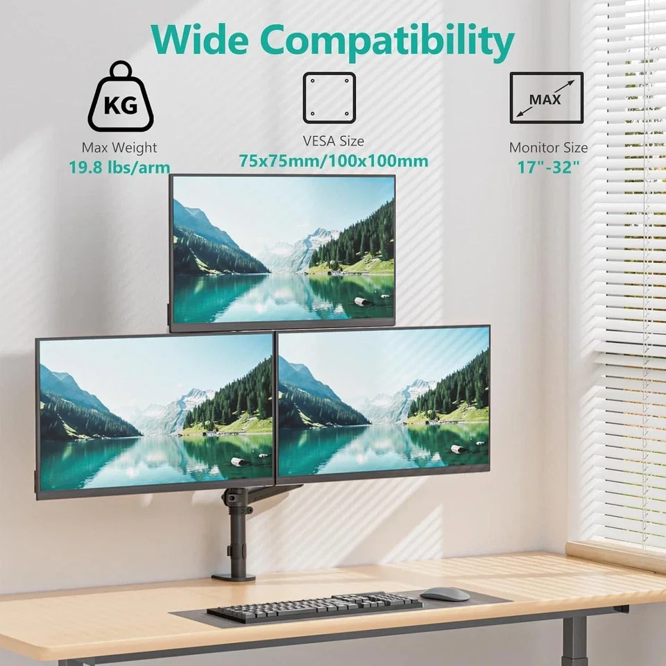 New Triple LCD Monitors Stand Arm for Home Office Plastic-coated Iron Black Three Horizontal 3 Screens Panel Steady Desk Stand