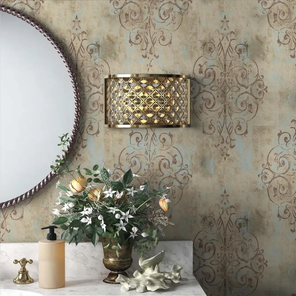 ورق جدران دمشقي عتيق قابل للتقشير واللصق باللون الأصفر العميق والأزرق الضبابي والبني للجدران - تصميم فينيل ذاتي اللصق مع فرنسي