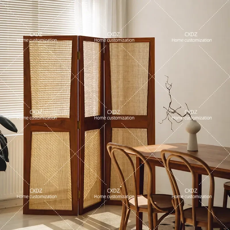 Retro Solid Wood Folding Screen Living Room Partition Entrance Porch Divider Nordic Style Movable Rattan Room Separator for