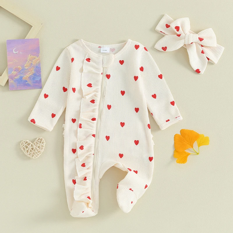 Baby Girls Valentine\'s Day Jumpsuit Long Sleeve Crew Neck Heart Print Ruffle Zipper Romper with Headband Baby Waffles Playsuits