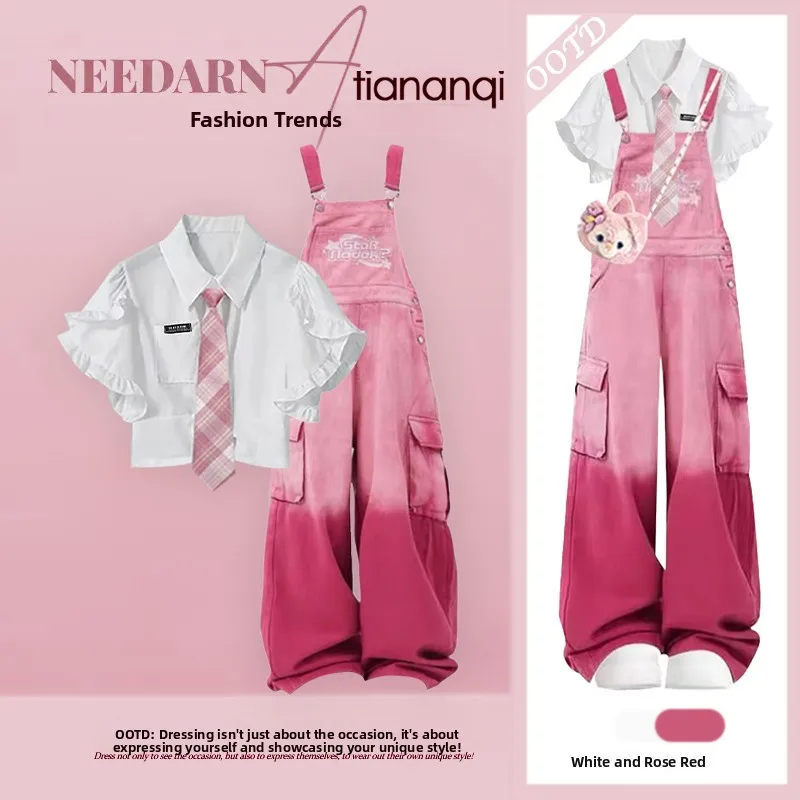 ستايل صيف 2025 الجديد: قميص بأكمام قصيرة وبنطلون عالي الخصر متين وعصري، طقم أنيق من قطعتين للشابات