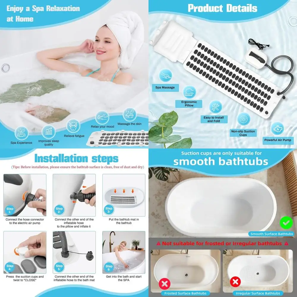 

6-Speed Bubble Bath Mat with Remote Control, Suction Cup, and Pillow for Relaxing Spa Experience in Bathtub