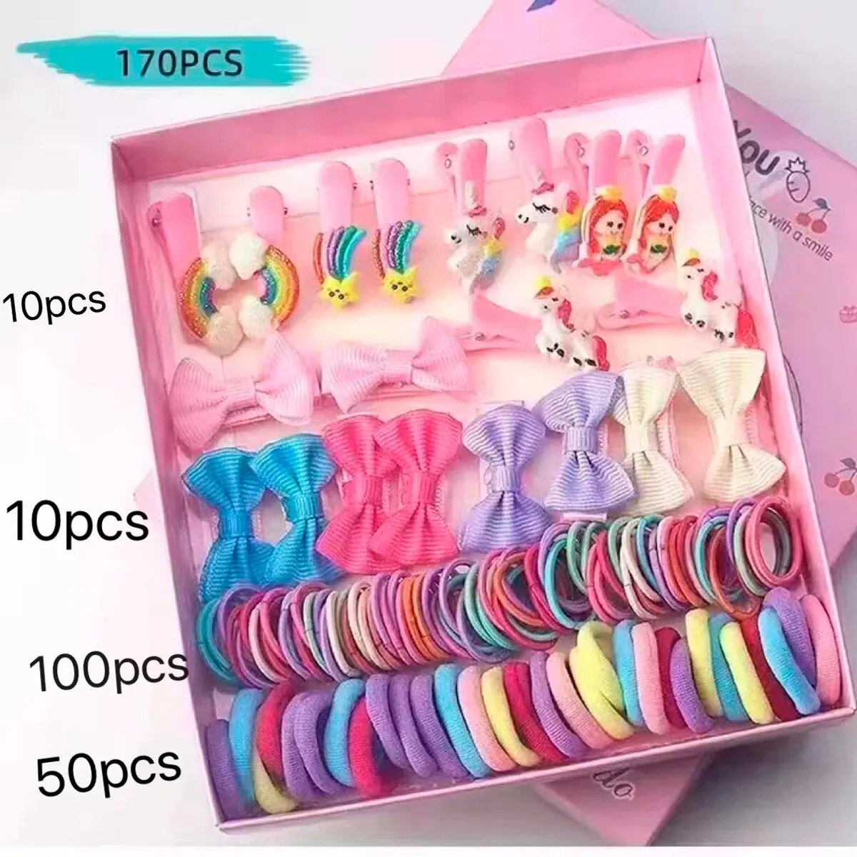 170pcs Children\'s Accessories Hair Clip Hair Card Princess Hair Rope Gift Box Side Clip Hair Accessories Combination Set