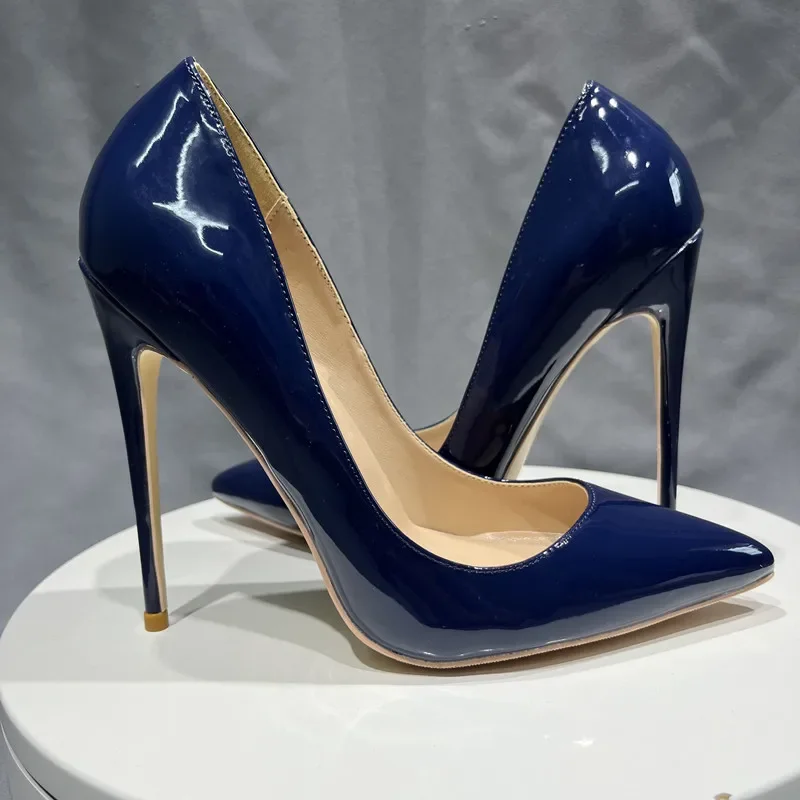 Patent Leather Blue Pumps Super High Heels Women Pointed Toe Stiletto High Heels Size Rivets Slip on Sex Big Size