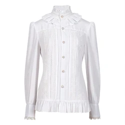 Vintage Victorian Women's Shirts And Blouse Solid White Gothic Stand Collar Lace Lolita Lotus Ruffle Tops Shirt Woman Clothing