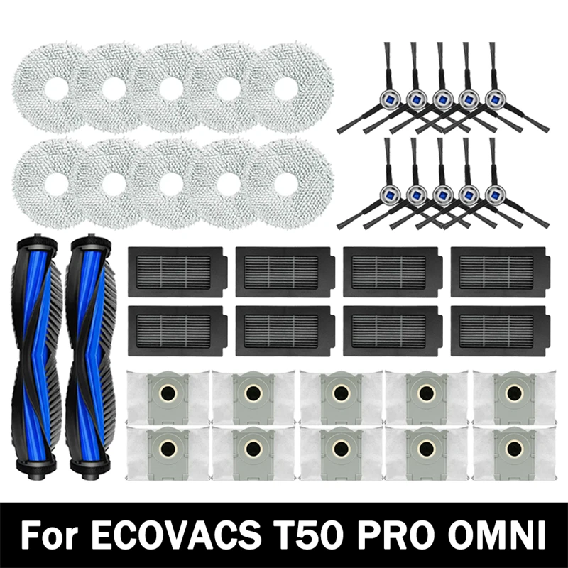 Accessoires pour aspirateur robot ECOVACS T50 PRO OMNI / T50 OMNI : brosse principale, brosse latérale, filtre HEPA, chiffons de nettoyage, sac à poussière, pièces de rechange