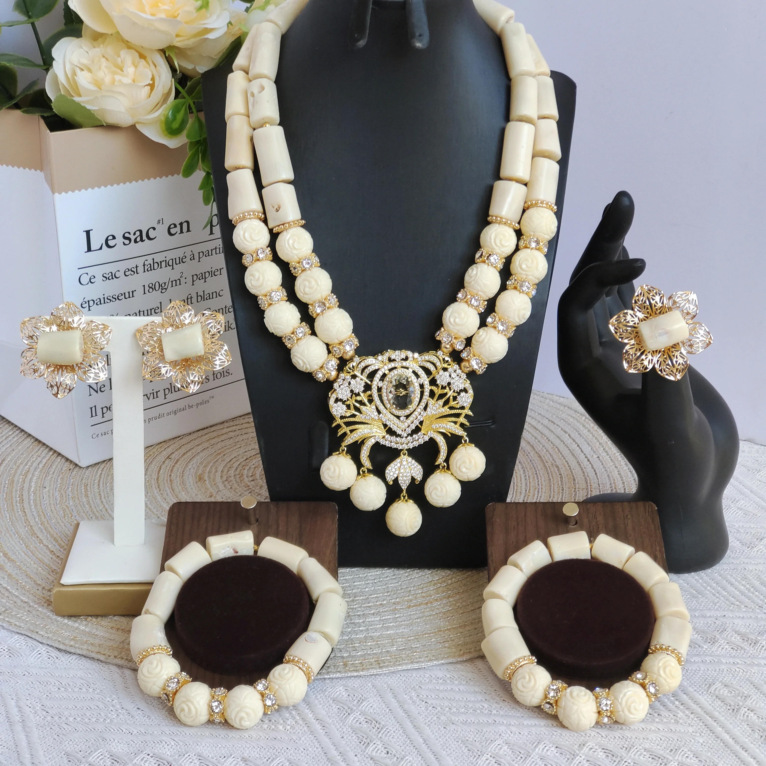 

Aczuv white nigerian beads coral necklace jewelry set