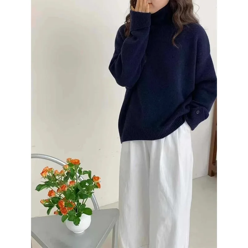 European station turtleneck 100% cashmere pullover sweater women's new winter loose thick warm solid color wool sweater