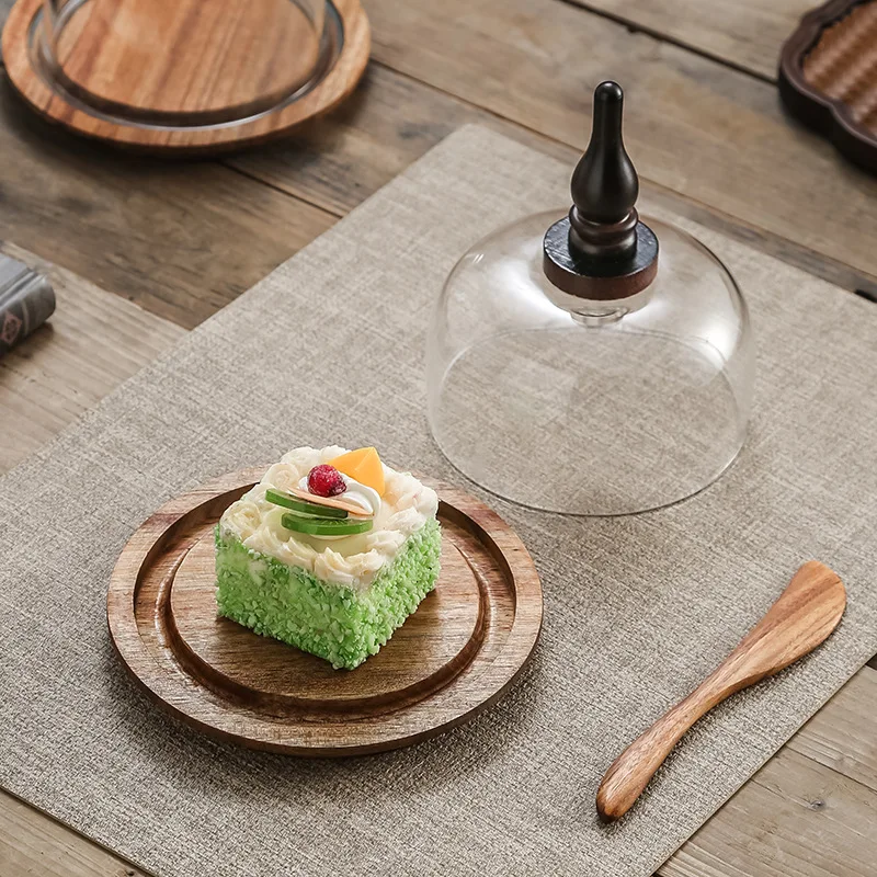 صينية كعكة خشبية كلاسيكية ورائعة، عرض الحلوى، صندوق زبدة حامل الخبز، مع غطاء زجاجي غطاء غبار أدوات المائدة المنزلية