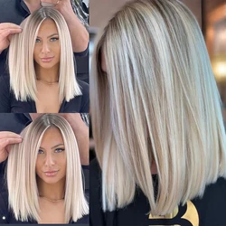 Ash Blonde Lace Front Wigs Ombre Roots Melted Straight Bob Wig Żaroodporne peruki syntetyczne dla białych kobiet Bezklejowe, wstępnie oskubane