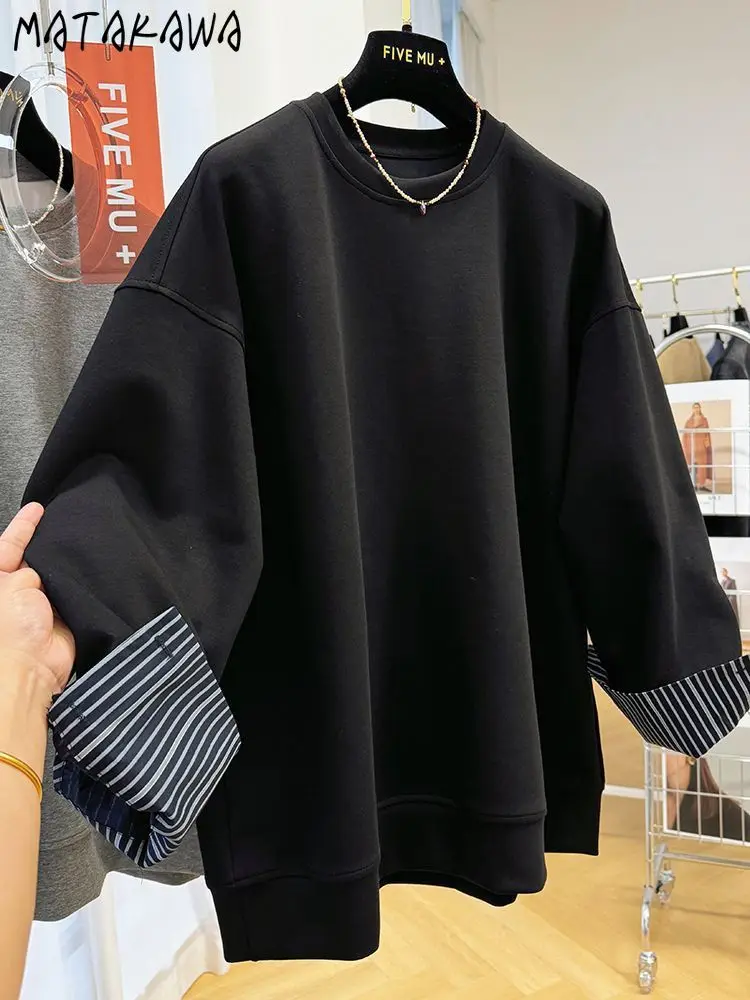 ماتاكاوا هوديس النساء بلايز وهمية 2 قطعة المشارب ربيع الخريف بلوزات الكورية موضة فضفاضة بسيطة شيك سوداديراس موهير