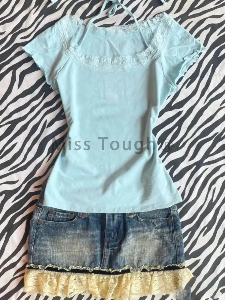 Novedad de verano, camisetas ajustadas de encaje estético para mujer, camisetas de manga corta con cordones Vintage dulce y elegante, ropa ajustada de moda de diseño femenino